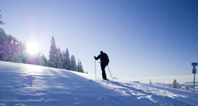 Ein Schneeschuhwanderer unterwegs in einer schneebedeckten Winterlandschaft