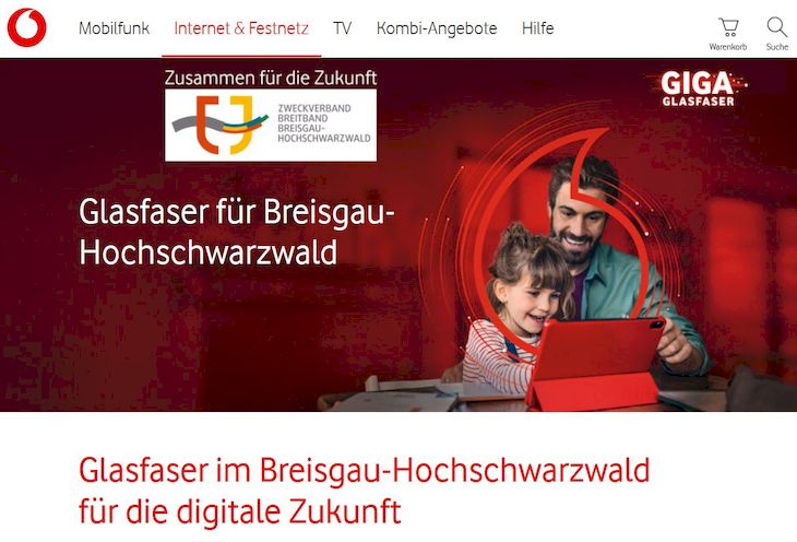 Screenshot der Vodafone-Internetseite zum Breitbandausbau im Landkreis