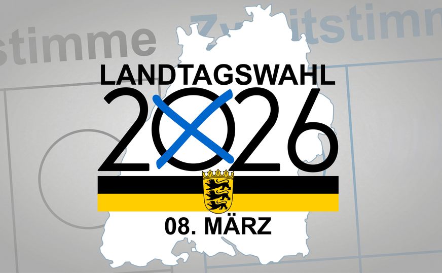 Grafik zur Landtagswahl Umrisse Bawü mit Datum 8. März 2026